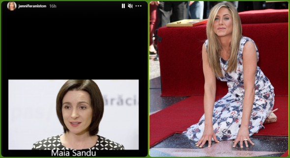 Președintele Maia Sandu - cunoscută și de actrițe de la Hollywood. Apare într-un story publicat de Jennifer Aniston